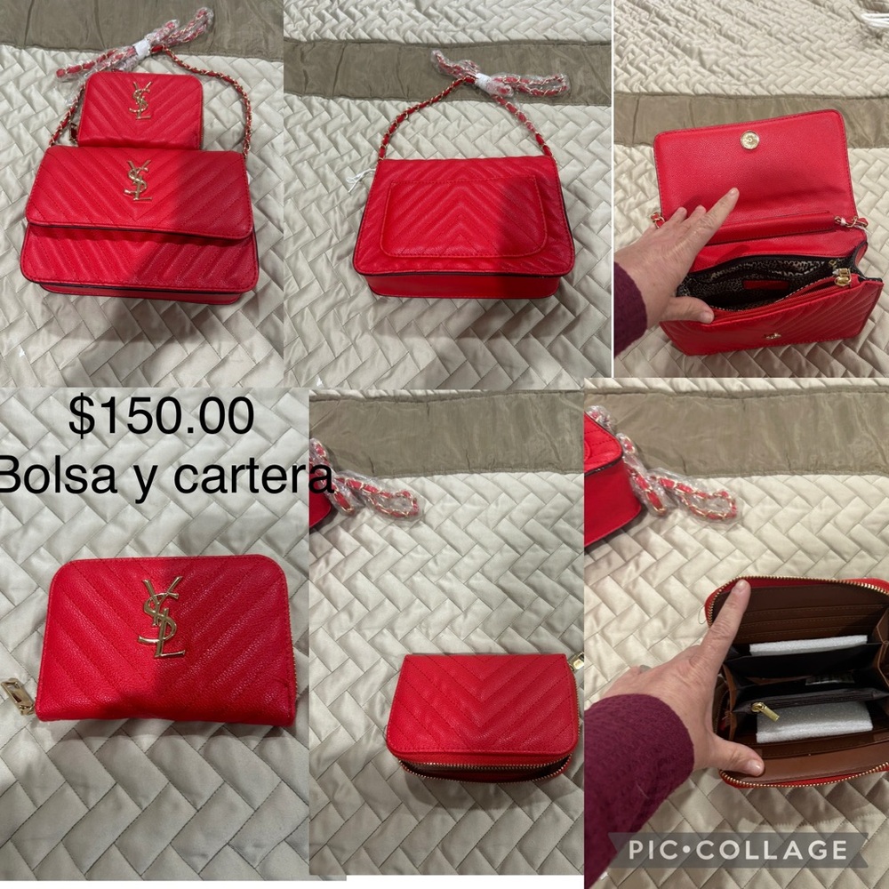 Chic Red Shoulder Bag  and  wallet with Iconic Logo